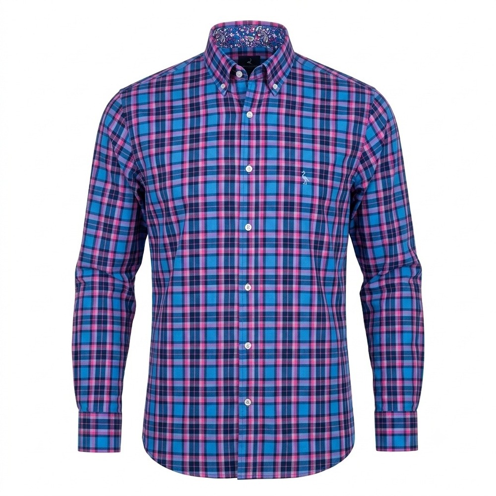 Tailorbyrd Collection Mens M Blue Pink Plaid Long Sleeve Button Down Flip Cuff